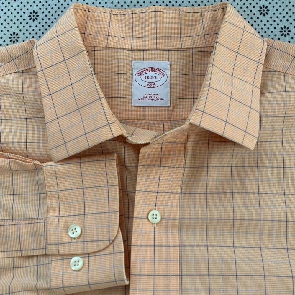 Brooks Brothers 346 Non-Iron Cotton Dress Shirt 16-2/3 Orange Plaid